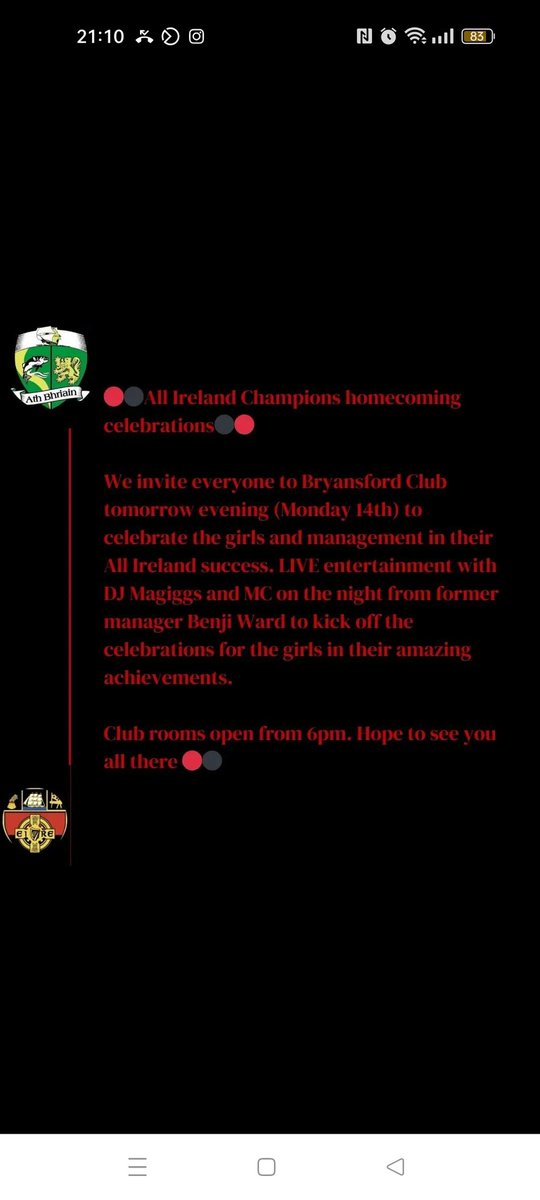 bryansfordgaa's tweet photo. 🔴⚫️All Ireland Champions homecoming celebrations⚫️🔴

We invite everyone to Bryansford Club tomorrow evening (Monday 14th) to celebrate the girls and management in their All Ireland success. LIVE entertainment with DJ Magiggs and MC on the night from former manager Benji Ward https://t.co/aMmiccCbSj
