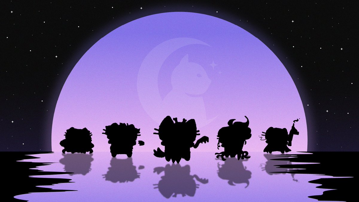 Silhouette of five cats standing in front of a lilac moon and stars