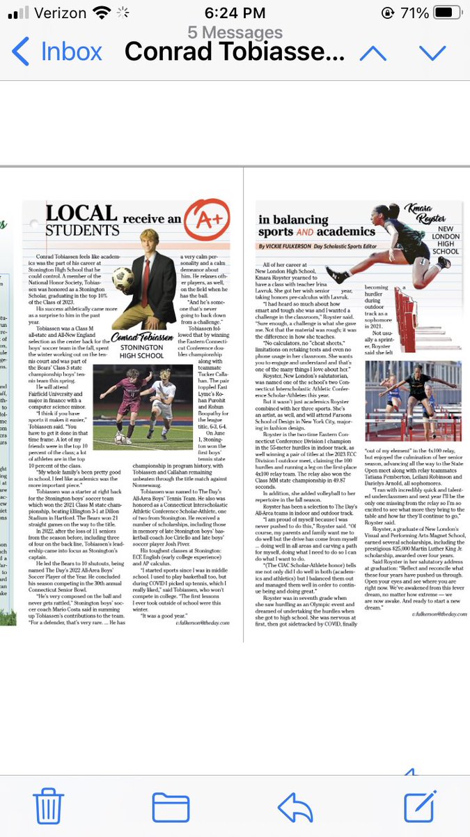 vickieattheday's tweet photo. I snuck in a couple extra stories on two of our local scholar-athletes in a special section that ran in today’s paper. Stonington’s Conrad Tobiassen and New London’s Kmara Royster. https://t.co/kKIR5sEP0M