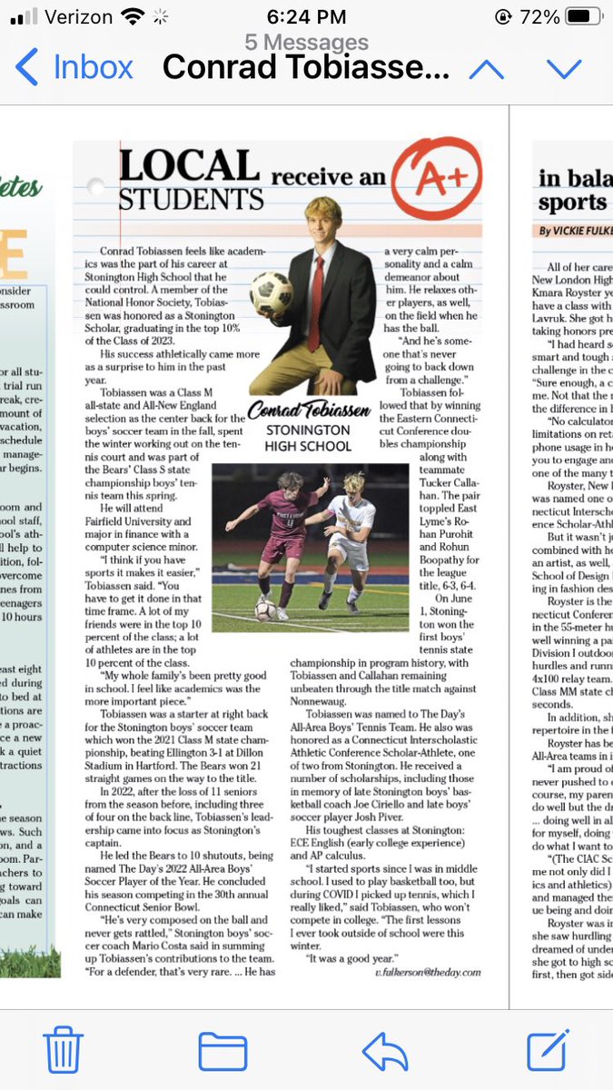 vickieattheday's tweet photo. I snuck in a couple extra stories on two of our local scholar-athletes in a special section that ran in today’s paper. Stonington’s Conrad Tobiassen and New London’s Kmara Royster. https://t.co/kKIR5sEP0M