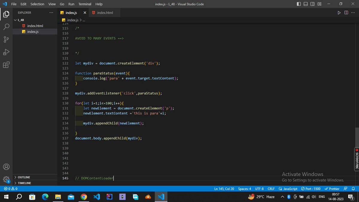 21namanpandey's tweet image. 🌐 Explored JS browser events:
1. Add/Remove event listeners
2. Phases: capture, target, bubble
3. Event obj & `preventDefault`
4. Streamlined code with less listeners
5. `DOMContentLoaded`
Exciting web dynamics ahead! 💡🚀 #JavaScriptEvents #webdevelopment #happycoding