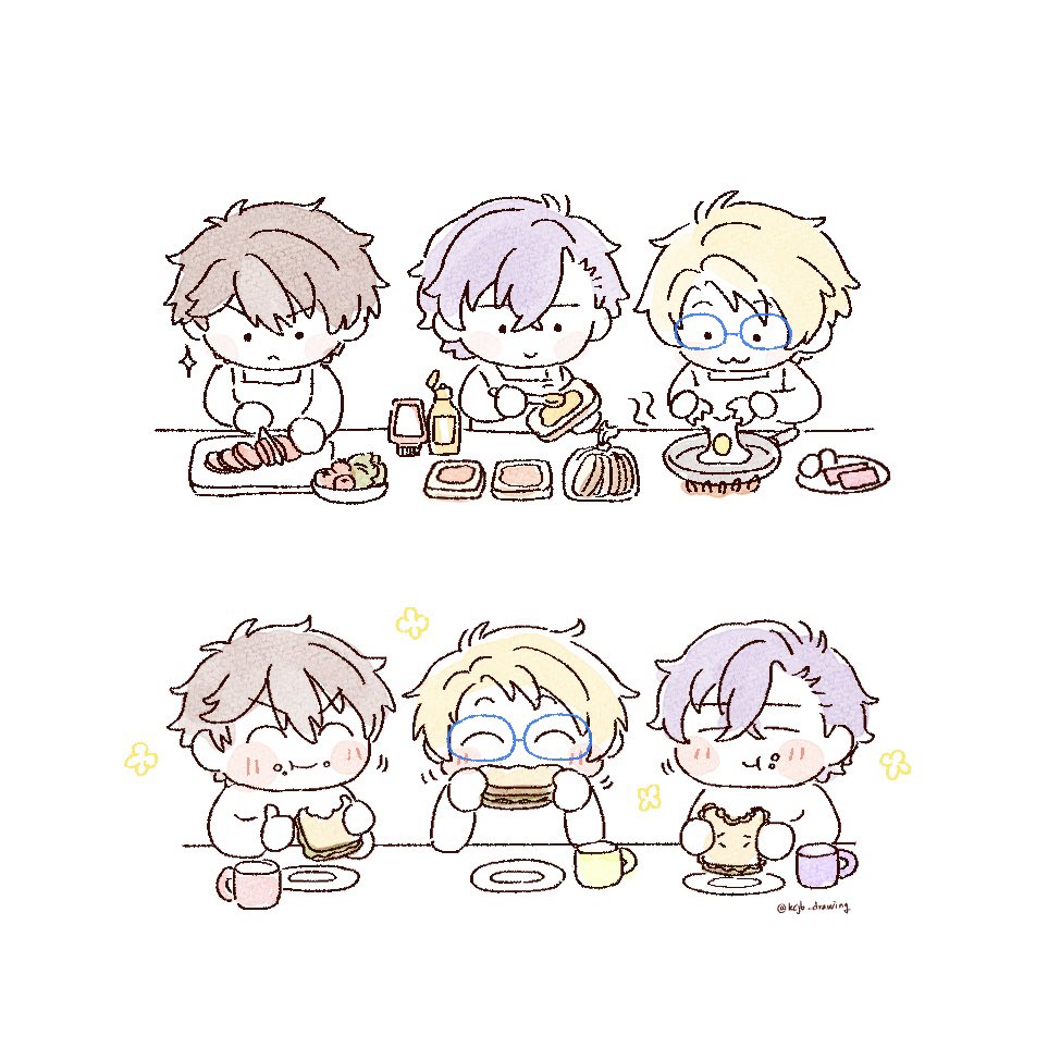 multiple boys food blonde hair male focus glasses purple hair brown hair  illustration images