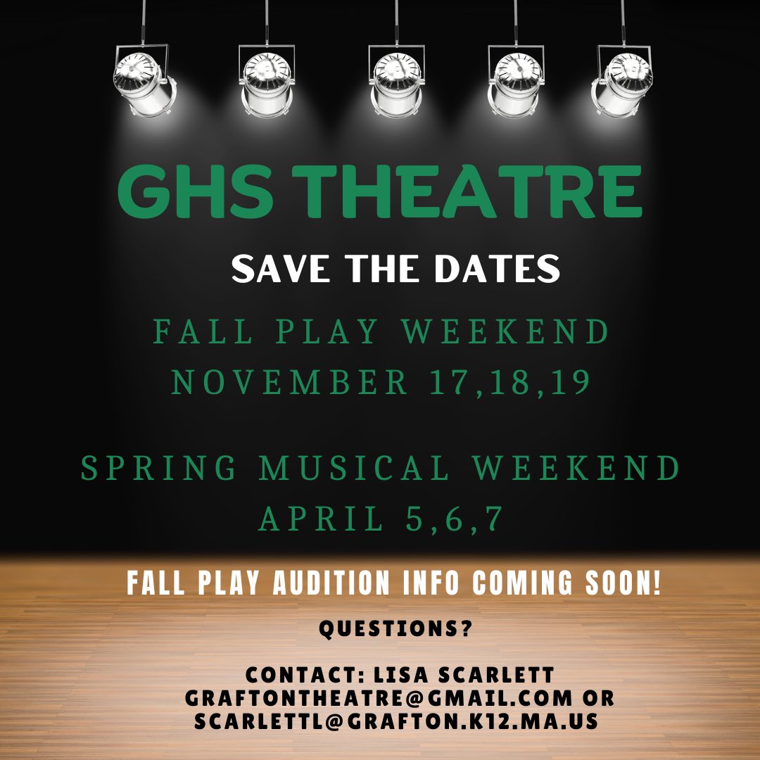 The rehearsal schedule for both the play and the musical will continue to be on:
Mondays 6:00 pm- 9:00 pm
Tuesdays 3:30 pm - 6:00 pm
Thursdays 3:30 pm - 5:30 pm
Fridays 3:30 pm - 6:00pm
More info graftonps.org/Domain/450
Excited for another great year of theatre!