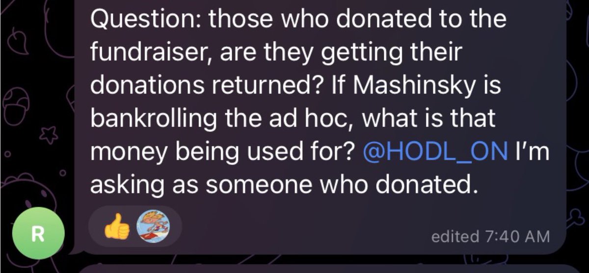 Do I get my donation to CEL81 back?

LMAO

Sorry dude, money gone whether or not “Mashinsky is bankrolling the ad hoc…” wait for it “what is the money being used for?”

Of course Zach does not respond.