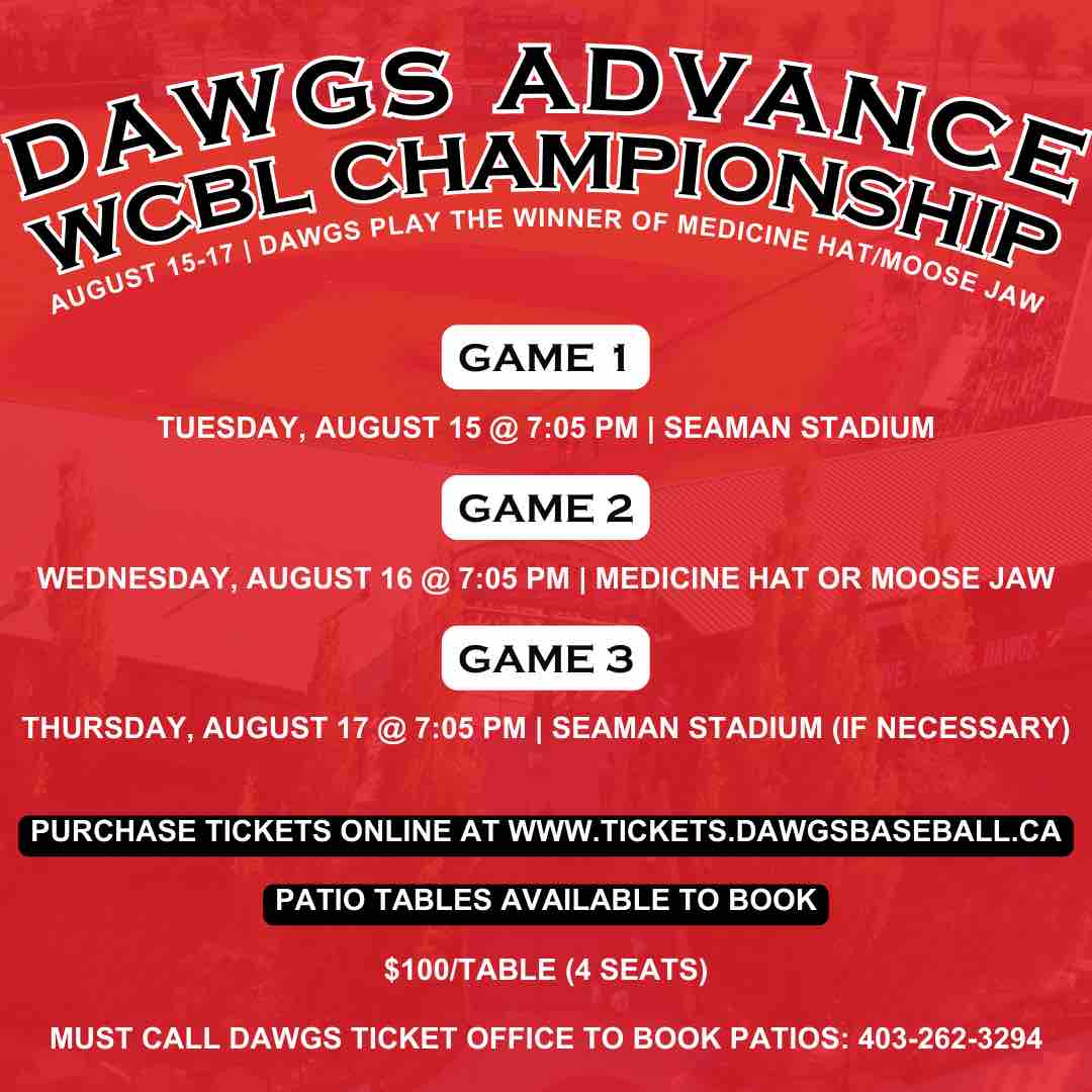 Okotoks_Dawgs's tweet photo. The Dawgs have advanced to the WCBL Championship after sweeping the Sylvan Lake Gulls.

Dawgs will have home field advantage, make sure you purchase your tickets and come cheer on the Dawgs in their #QUESTFOR7

Go Dawgs!

#dawgs #WCBL #Playoffs #QUESTFOR7 https://t.co/bJy95TDL1t