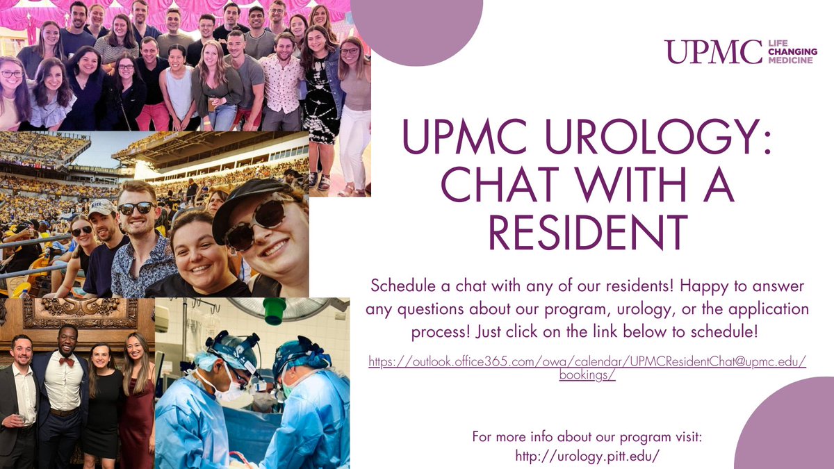 UPMC Urology (@upmcurology) on Twitter photo Chat with a resident at UPMC Urology! Happy to answer any questions about our program, urology, or the application process. Click the link below to schedule: outlook.office365.com/owa/calendar/U…
Our program: urology.pitt.edu
<a href="/UroResidency/">UroResidency</a> <a href="/Inside_TheMatch/">Inside The Match</a> <a href="/Uro_Res/">The Urology Applicant ⚕</a> #Uromatch #UroSoMe Chat with a resident at UPMC Urology! Happy to answer any questions about our program, urology, or the application process. Click the link below to schedule: outlook.office365.com/owa/calendar/U…
Our program: urology.pitt.edu
<a href="/UroResidency/">UroResidency</a> <a href="/Inside_TheMatch/">Inside The Match</a> <a href="/Uro_Res/">The Urology Applicant ⚕</a> #Uromatch #UroSoMe