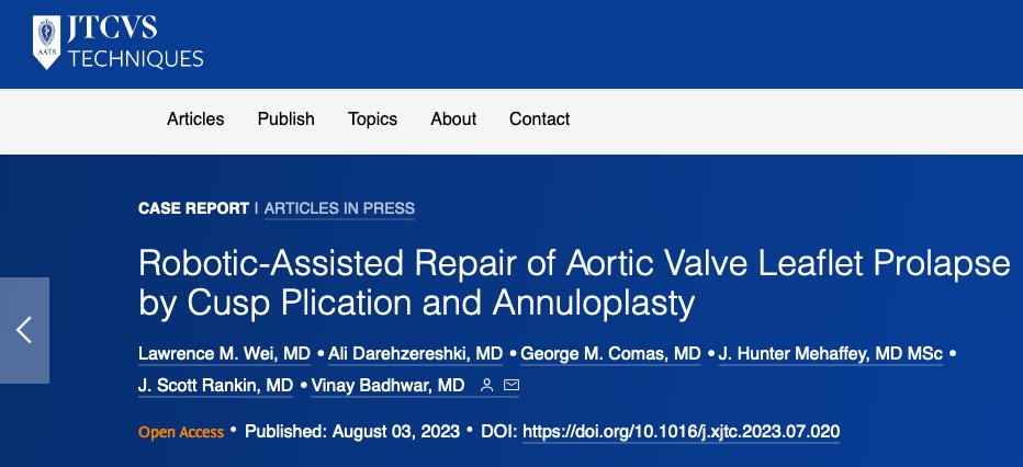 In Press: First robotic repair of aortic valve leaflet prolapse by cusp plication and annuloplasty: 
doi.org/10.1016/j.xjtc…

#robotic_cardiac_surgery
<a href="/AATSHQ/">AATS</a> 
<a href="/WVUMedicine/">WVU Medicine</a>