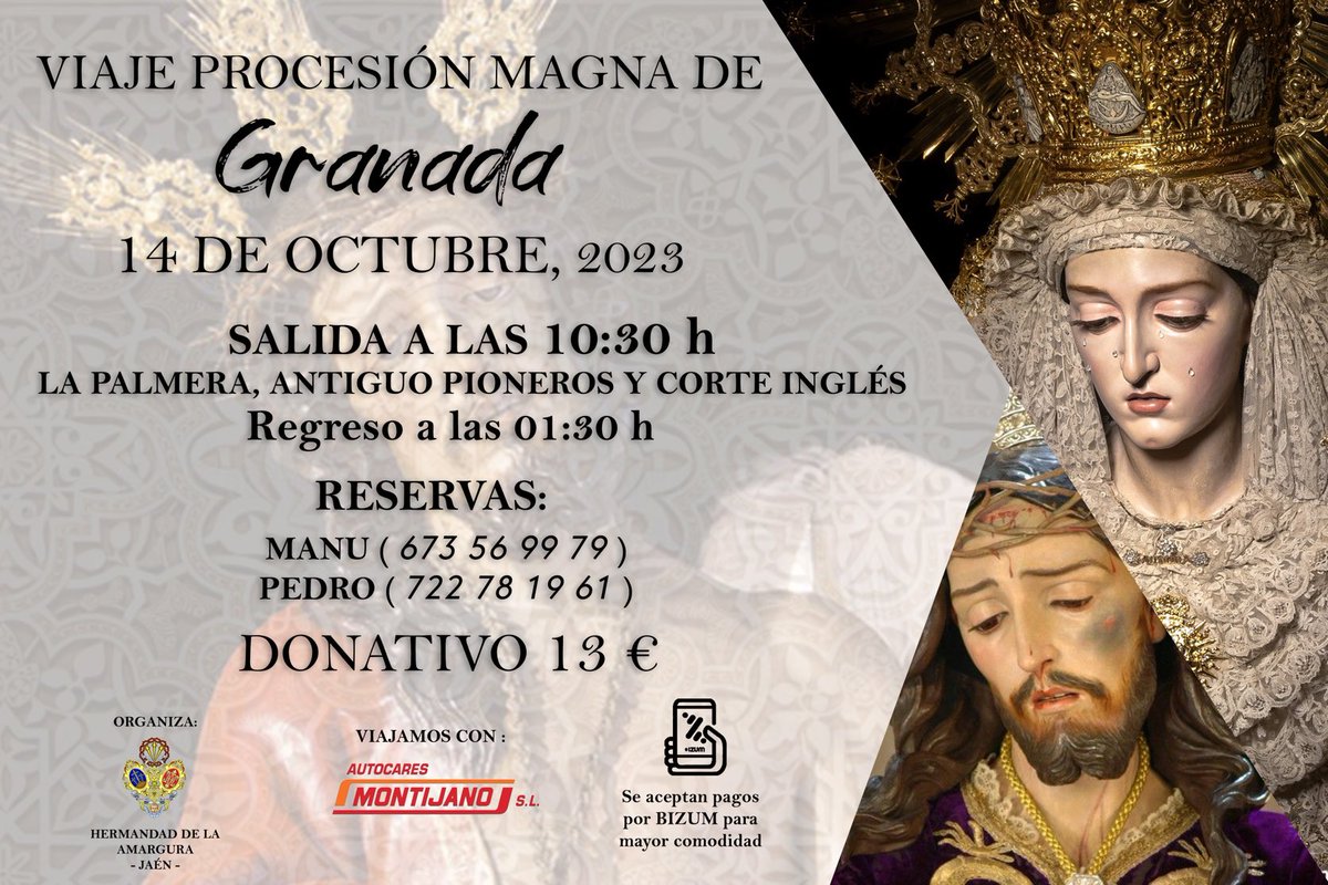 VIAJES | La Hermandad de la Amargura, organiza un viaje a Granada a la magna procesión con motivo del XXXIV Encuentro Nacional de Cofradías, el próximo 14 de octubre dónde participarán 22 pasos.