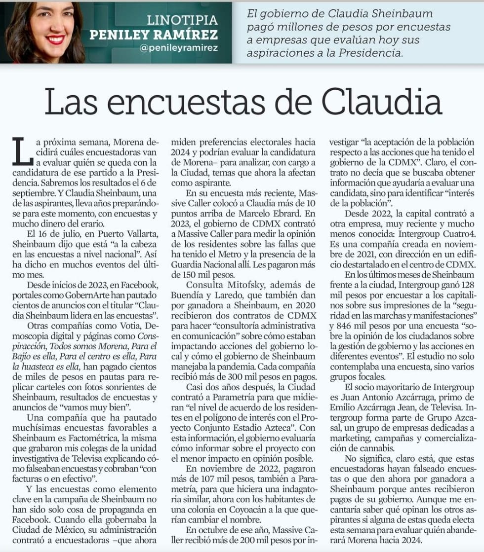 martibatres's tweet photo. En relación con la columna publicada ayer sábado en @Reforma, titulada por @penileyramirez "Las Encuestas de Claudia", informamos que la Secretaría de Gobierno de la Ciudad de México realizó encuestas entre 2022 y 2023 con el objetivo de conocer la opinión ciudadana en los siguientes rubros: Acciones de Gobierno, presencia de la Guardia Nacional en el Metro, proyecto en el Estadio Azteca, cambio de nombre a la Colonia Gustavo Díaz Ordaz y evaluación de Programas de Gobierno.
No fueron encuestas mandadas a hacer por la Jefatura de Gobierno, sino por la Secretaría de Gobierno, sobre temas de trabajo de esta Secretaría. 
La columna en cuestión hace una relación de las encuestas y sus propósitos, pero no precisa la dependencia que las contrató. El título de la misma es equívoco, no se corresponde con la información, ya que no son encuestas de @Claudiashein, ni sobre Claudia ni ordenadas por Claudia.