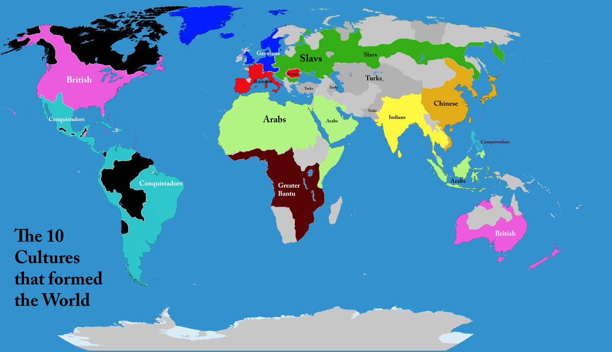 whatifalthist's tweet photo. I found almost all cultures in the world’s formation stem from one of 10 historical groups, in that those groups with a shared identity in a certain era of history allowed them to coalesce their identity which they have kept until today. They also have a sense of solidarity with other nations in the same bloc. Those are the Indian priests, Chinese bureaucracy, Roman Empire, Niger-Congo migrations, Germanic migrations, Slavic, Turkic, Arab Caliphate and then the British and Iberian colonialism. 

These are some maps I made of these groups. Cultural maps are by nature very arbitrary so please don’t go full autistic on “why does this tiny part of Canada not belong to Anglo civ.”