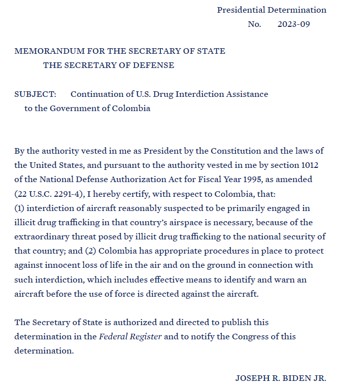 UltimaHoraCR's tweet photo. #MUNDO| El presidente Joe Biden ordenó mantener la asistencia a Colombia en la lucha antidrogas, especialmente en las estrategias de interdicción de aeronaves que se dedican al narcotráfico particularmente en el espacio aéreo colombiano. Vía @EddyMosquera0 https://t.co/glQ1hT7ntc