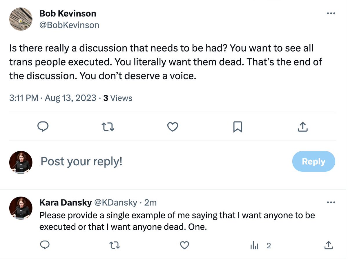 KDansky's tweet image. This exchange occurred on a thread where I was calling out #TRANTIFA violence and calling for #LetWomenSpeak. I&apos;m still waiting for a response. Every single time.