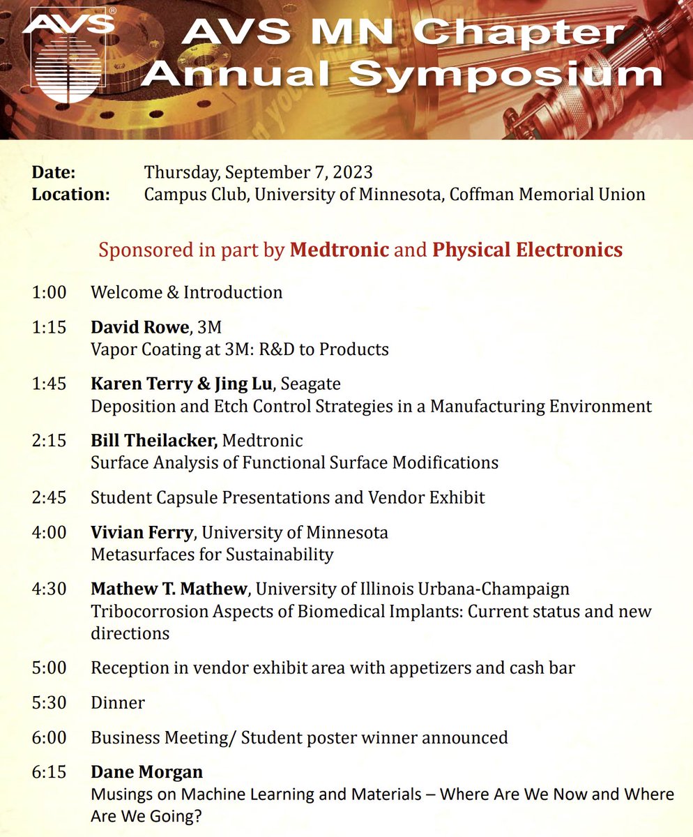 avs_mn's tweet photo. The AVS Minnesota Chapter will be holding it's 2023 Annual Fall Symposium on Thursday, September 7, 2023. Awards for best student poster! Please help spread the word!
https://t.co/2wbzGUUV9Z
@gbailey_chem @OstranderLab @CalabreseLab @Ewerpointe @UWMadEngr https://t.co/36lzbemXiW