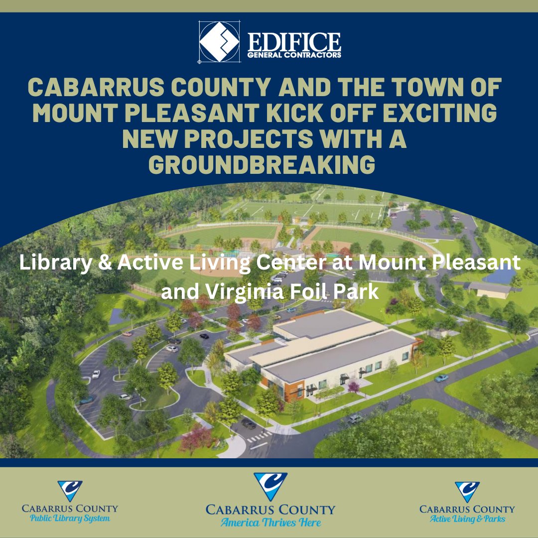 EdificeConst's tweet photo. What an exciting day for Cabarrus County and the Town of Mount Pleasant!  Thursday August 10, construction formally kicked off with a groundbreaking ceremony for the future  Cabarrus County Library &amp; Active Living Center at Mount Pleasant and Virginia Foil Park. https://t.co/zLS2JuHjJ4