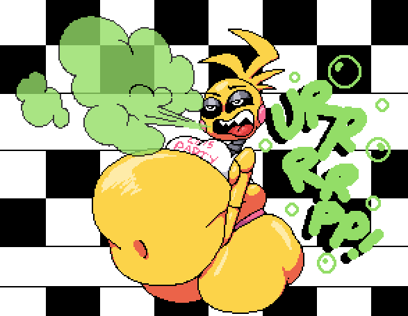 Toy chica after eating all the pizza