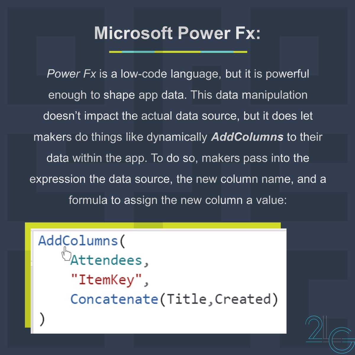Data shaping is something #Microsoft #PowerFx users can take advantage of in their apps. 

Without changing the data source, AddColumns in #PowerApps #CanvasApps and transform the dataset.