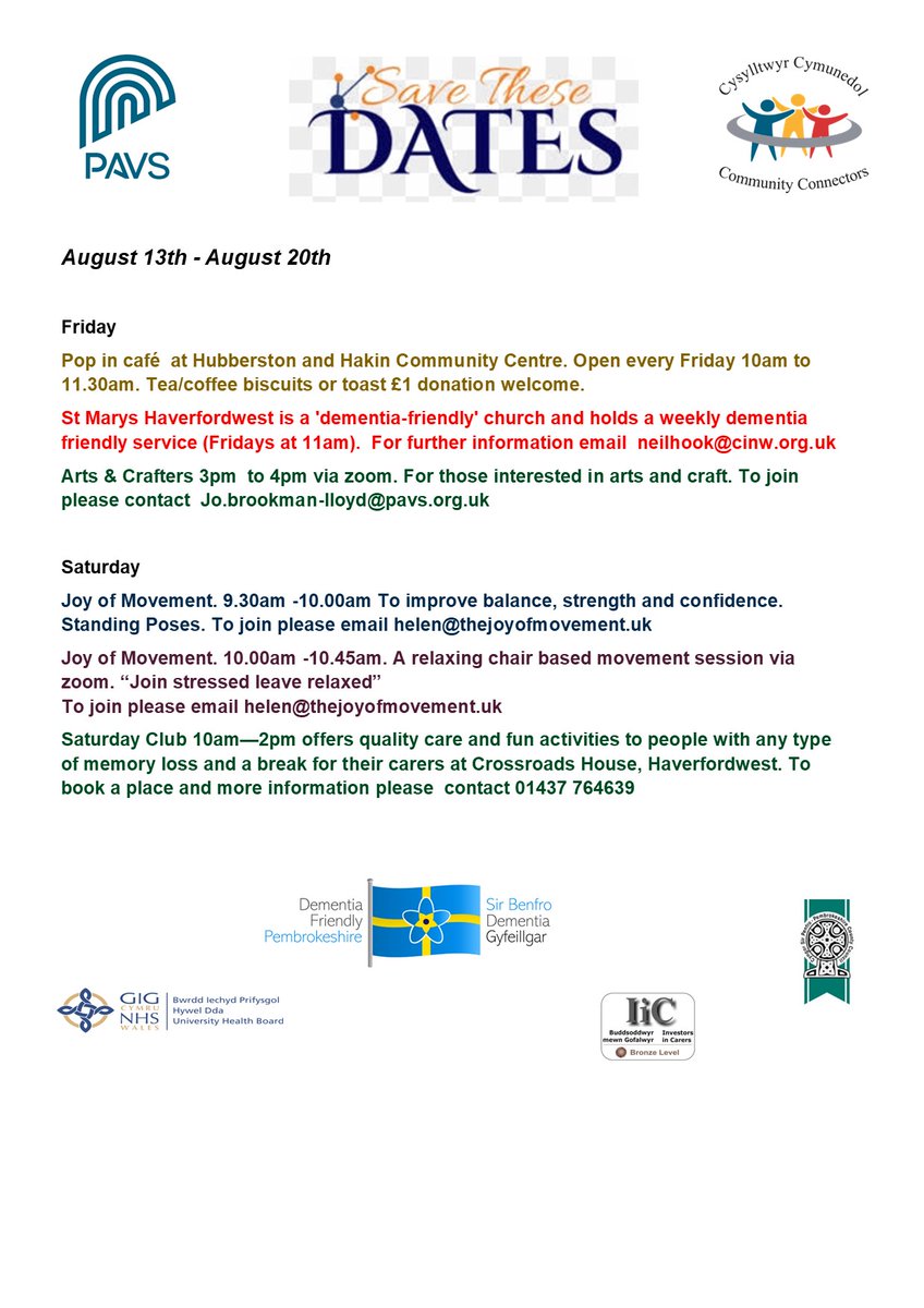 Living with #dementia can result in people feeling isolated, here in Pembrokeshire there are lots of opportunities to socialise and enjoy lovely activities.
For further information please email cherry.evans@pavs.org.uk