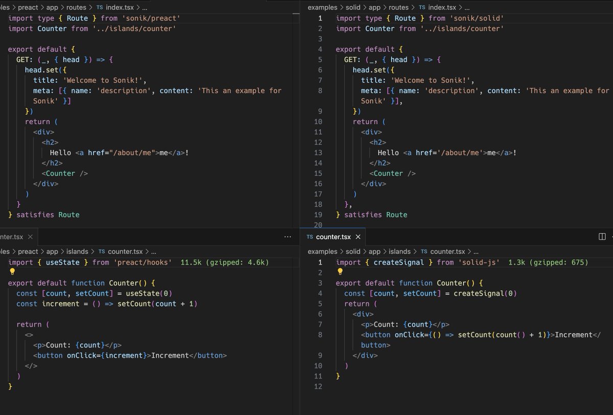 honojs's tweet photo. Sonik - Hono and Vite -based framework - now supports: hono/jsx, Preact, React, and Solid! enables SSR and Islands hydration.

https://t.co/3sWnAnpyTn https://t.co/R6tG4PVKkt