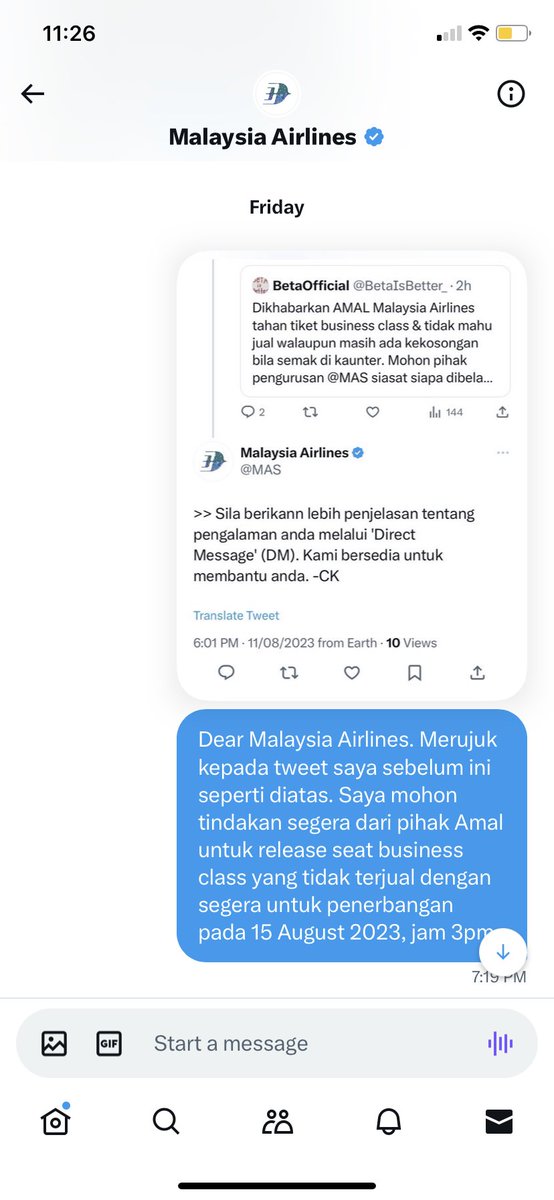 BetaIsBetter_'s tweet photo. Inefficient @MAS (particularly their Amal team).

Simple issue (availability of Business Class ticket) but until today after 3 days, same response given where they are still ‘investigate’. 

#KartelUmrah #SorokTiket #HargaYahudi #AmalMalaysiaAirlines 

Cc: @MAVCOMmy @anthonyloke https://t.co/B1DnohIpFN