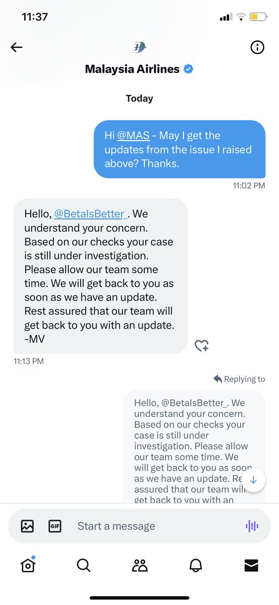 BetaIsBetter_'s tweet photo. Inefficient @MAS (particularly their Amal team).

Simple issue (availability of Business Class ticket) but until today after 3 days, same response given where they are still ‘investigate’. 

#KartelUmrah #SorokTiket #HargaYahudi #AmalMalaysiaAirlines 

Cc: @MAVCOMmy @anthonyloke https://t.co/B1DnohIpFN