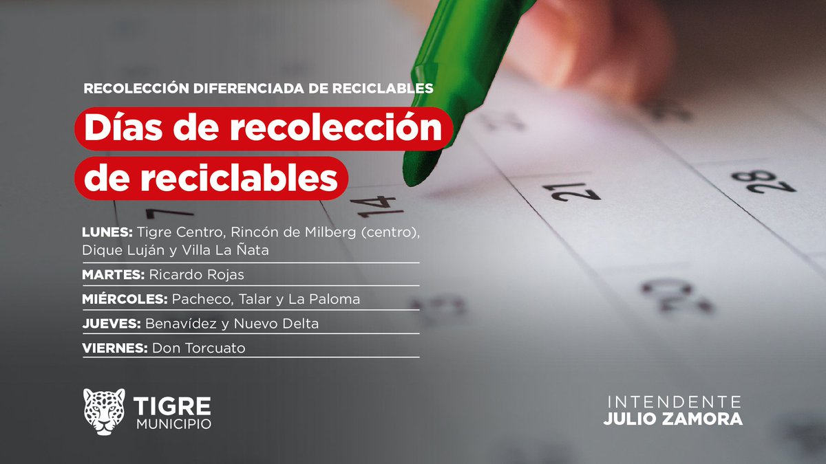MunicipioTigre's tweet photo. Compartimos con los vecinos y vecinas los días de recolección diferenciada de reciclables del programa @ReciclaTigre. Los mismos deben estar limpios y secos en una bolsa o caja identificada, la noche anterior al día de servicio correspondiente a su localidad.♻️🐯
#TigreEsMiVida https://t.co/anUJB5tY6g
