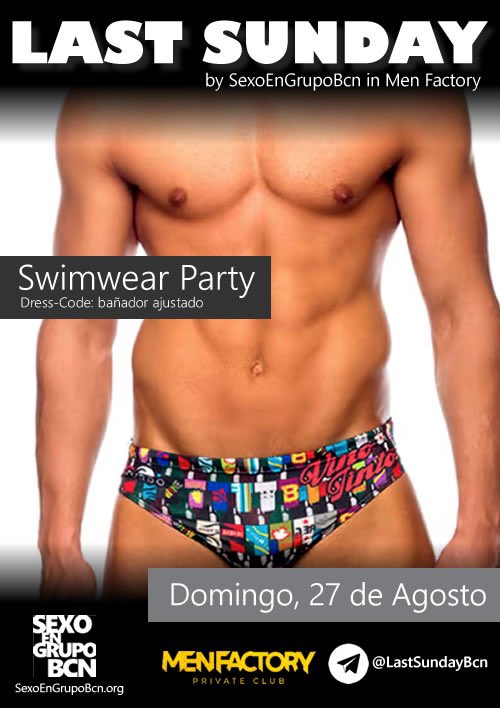 LastSundayBcn's tweet photo. LastSunday - Swimwear Party 

Te invitamos a unirte a esta refrescante fiesta veraniega de bañadores ajustados (*).

(*) Dress code recomendado pero no obligatorio 

😈Club MenFactory 
📍Diputació 182
🗓 Domingo 27 de Agosto 2023
🕘 17:00 a 5:00
https://t.co/WHs31Vh0Jw https://t.co/PopFjxIKWf