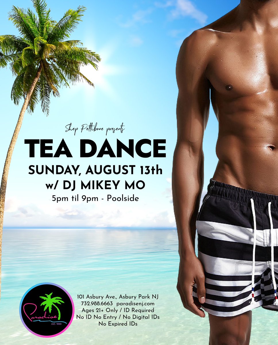 paradiseclubnj's tweet photo. Tea Dance - Sunday, Aug. 13th πβ€οΈπ΄
DJ Mikey Mo - 5pm til 9pm Poolside
#asburyparknj #paradisenj #gay #lgbtq #apnj #gaybar #teadance #lgbt #pride #prideπ #lgbtpride #lgbtcommunity #gaypride #gaylife #instagay https://t.co/Ooz4d7SgY1
