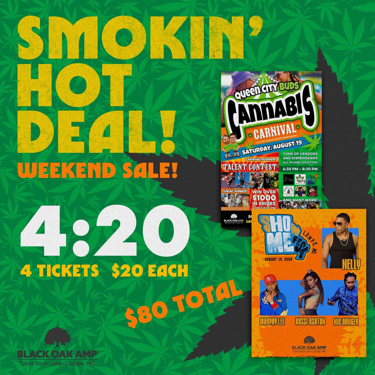 LAST DAY TO SAVE 💚 Save with our 4/20 4-pack deal: 4 tickets to Show Me Fest + the Queen City Buds Cannabis Carnival on August 19th for only $80 ($20 per person)! This deal ends at midnight. Get your tickets at etix.com/ticket/p/46631…