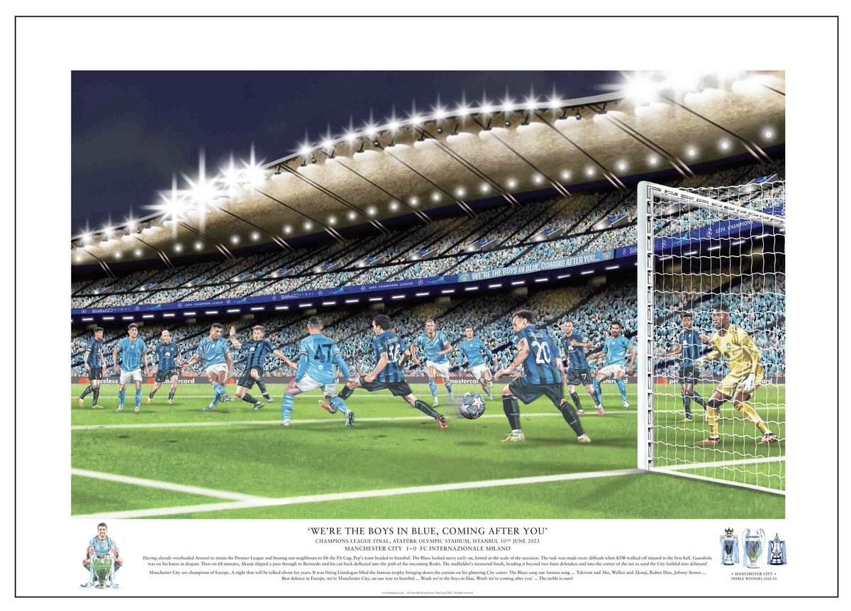 Sneak preview of my latest work @mcfc ‘WE’RE THE BOYS IN BLUE, COMING AFTER YOU’ 🏆⚽️💙 #mancity #treblewinners #uefachampionsleaguewinners #premierleaguechampions #facupwinners