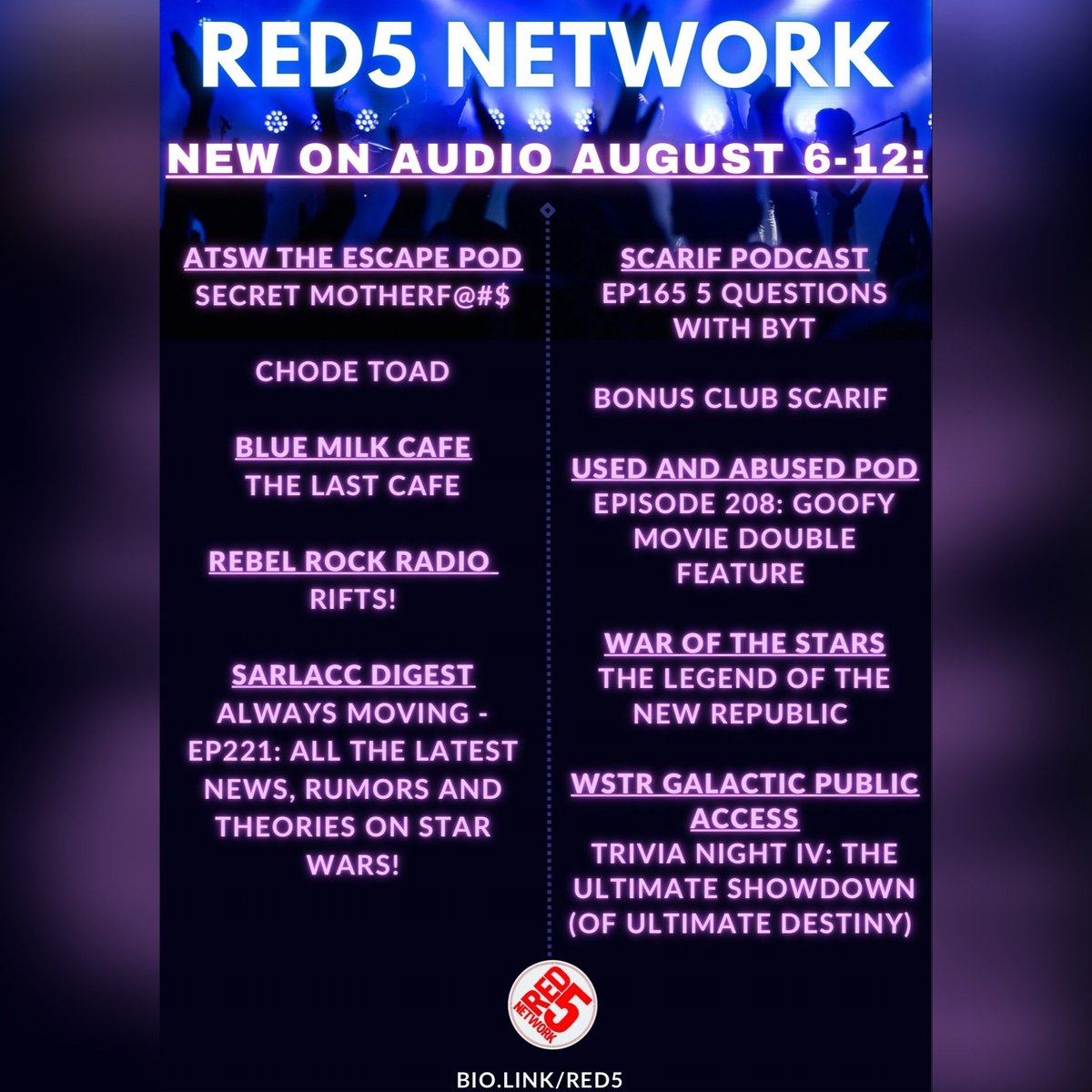 YOUR Red 5 Network (@red5network) on Twitter photo Whether you’re out & about running errands or relaxing by the pool, check out this week’s audio drops on your favorite podcasting app:
<a href="/ATheescapepod/">ATSW THE ESCAPE POD .. where friends gather</a>
@ThatFisch
@RebelRockPod
<a href="/SarlaccDigest/">SarlaccDigest</a>
<a href="/ScarifPodcast/">"Always Sunny On Scarif"😎</a>
<a href="/UsedAbusedpod/">Used & Abused Pod</a>
@WaroftheStars1
<a href="/WSTRmedia/">wstrmedia @ #BTTF40</a> Whether you’re out & about running errands or relaxing by the pool, check out this week’s audio drops on your favorite podcasting app:
<a href="/ATheescapepod/">ATSW THE ESCAPE POD .. where friends gather</a>
@ThatFisch
@RebelRockPod
<a href="/SarlaccDigest/">SarlaccDigest</a>
<a href="/ScarifPodcast/">"Always Sunny On Scarif"😎</a>
<a href="/UsedAbusedpod/">Used & Abused Pod</a>
@WaroftheStars1
<a href="/WSTRmedia/">wstrmedia @ #BTTF40</a>