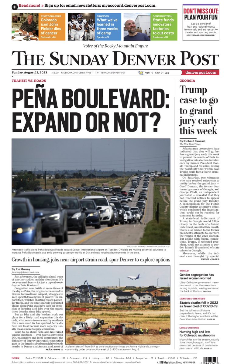 JonMurray's tweet image. Good reason to check out the print version of @DenverPost: The cover features my deep look at the tremendous growth happening in the Peña Boulevard corridor and how to deal with the traffic. 

Should it be expanded? Is the A-Line a better option?

Story will be online tomorrow.