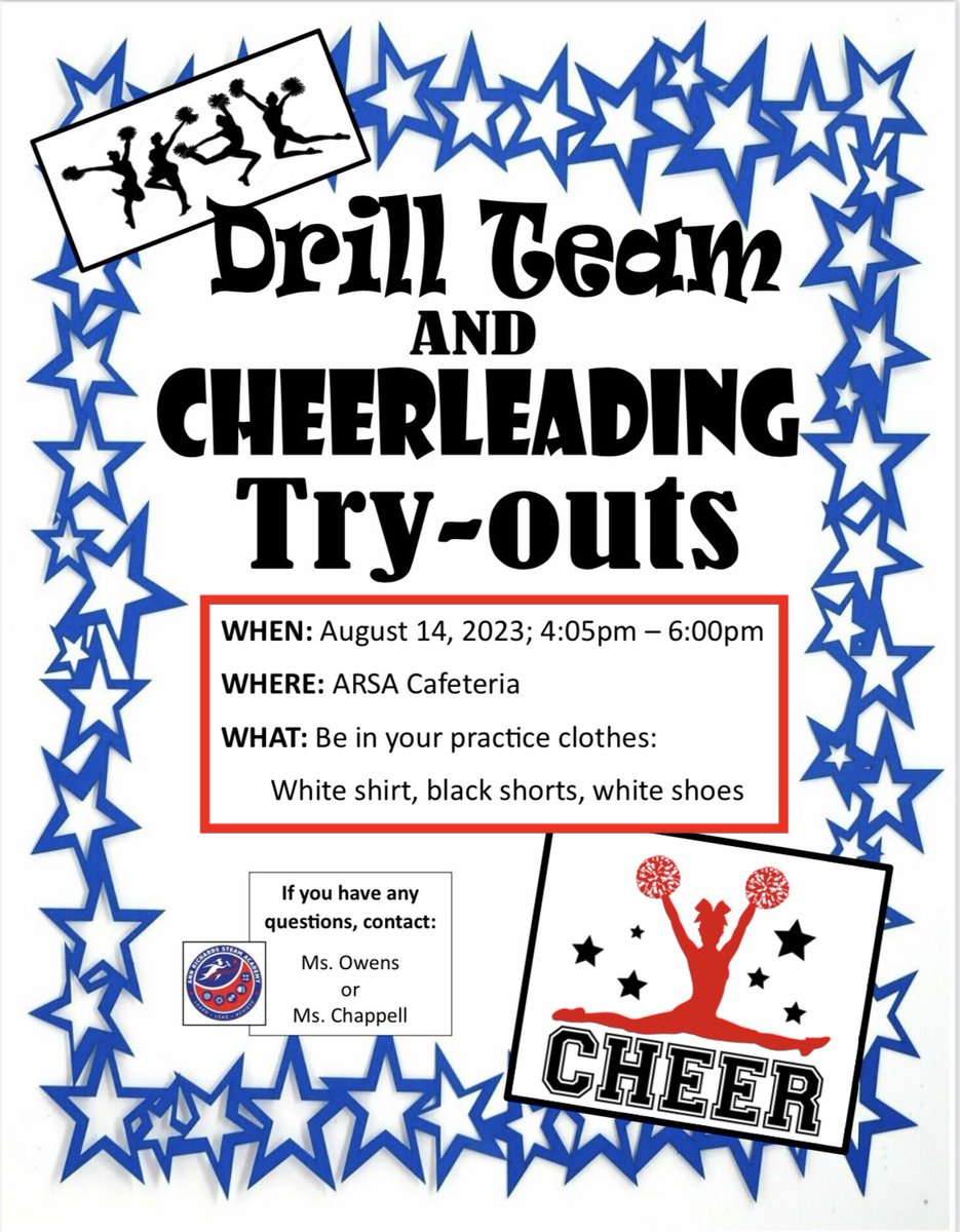 📣Want to dance or cheer? Drill Team/Majorette and Cheer tryouts start tomorrow afterschool! Open to all grades! See you there 📣 #ARSAcheerleaders #ARSARangerettes