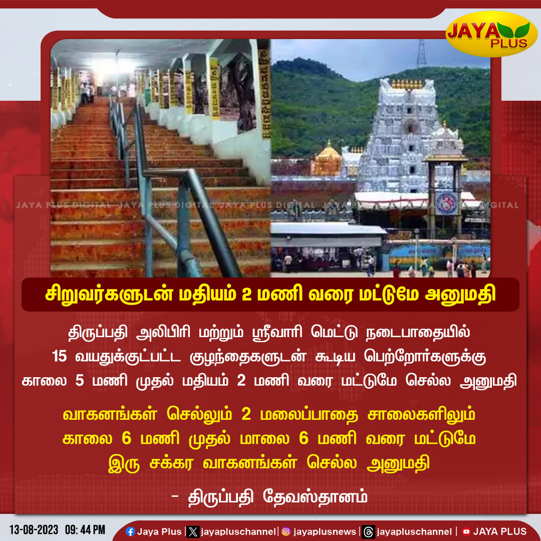 jayapluschannel's tweet image. திருப்பதியில் 15 வயதுக்குட்பட்ட குழந்தைகளுடன் கூடிய பெற்றோர்களுக்கு காலை 5 மணி முதல் மதியம் 2 மணி வரை மட்டுமே செல்ல அனுமதி..

#tirupathi #TwoWheelers #MountainRoads #JayaPlus