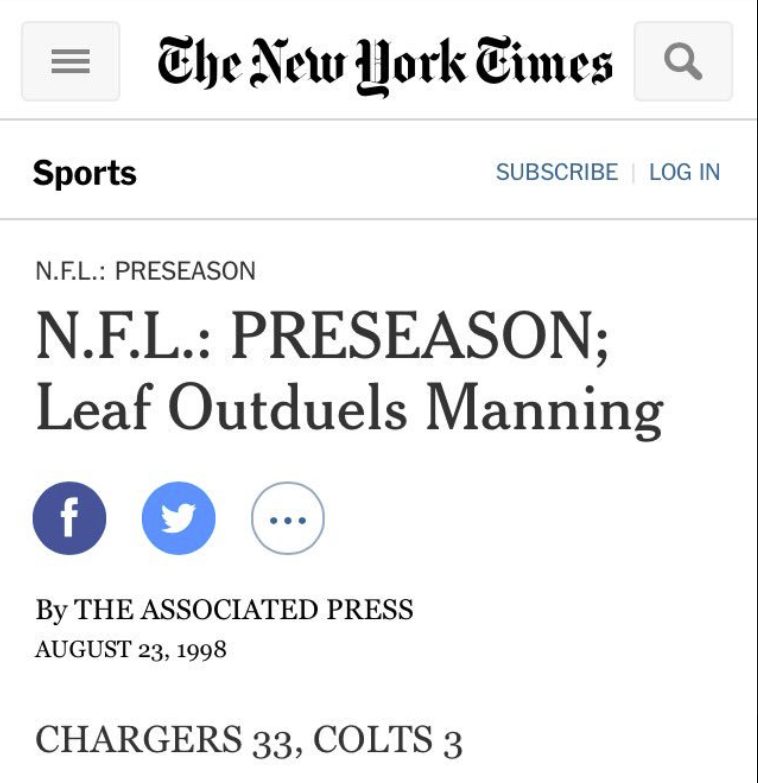 NFL_DovKleiman's tweet photo. Week 1 of Pre-Season is almost over and there's already a ton of negative talk about some of 1st round picks.

"Quentin Johnston Can't Catch"
"Anthony Richardson and C.J. Stroud can't play because they had an INT on their firs drive."
"Bryce Young won't make it"

How about we'll give the rookies some space?

Ja'Marr Chase couldn't catch anything in his first pre-season and ended up winning NFL Offensive Rookie of the Year.

Peyton Manning lost to Ryan Leaf 33-3.

This is a marathon, not a sprint.

(@bykevinclark, @tejfbanalytics)