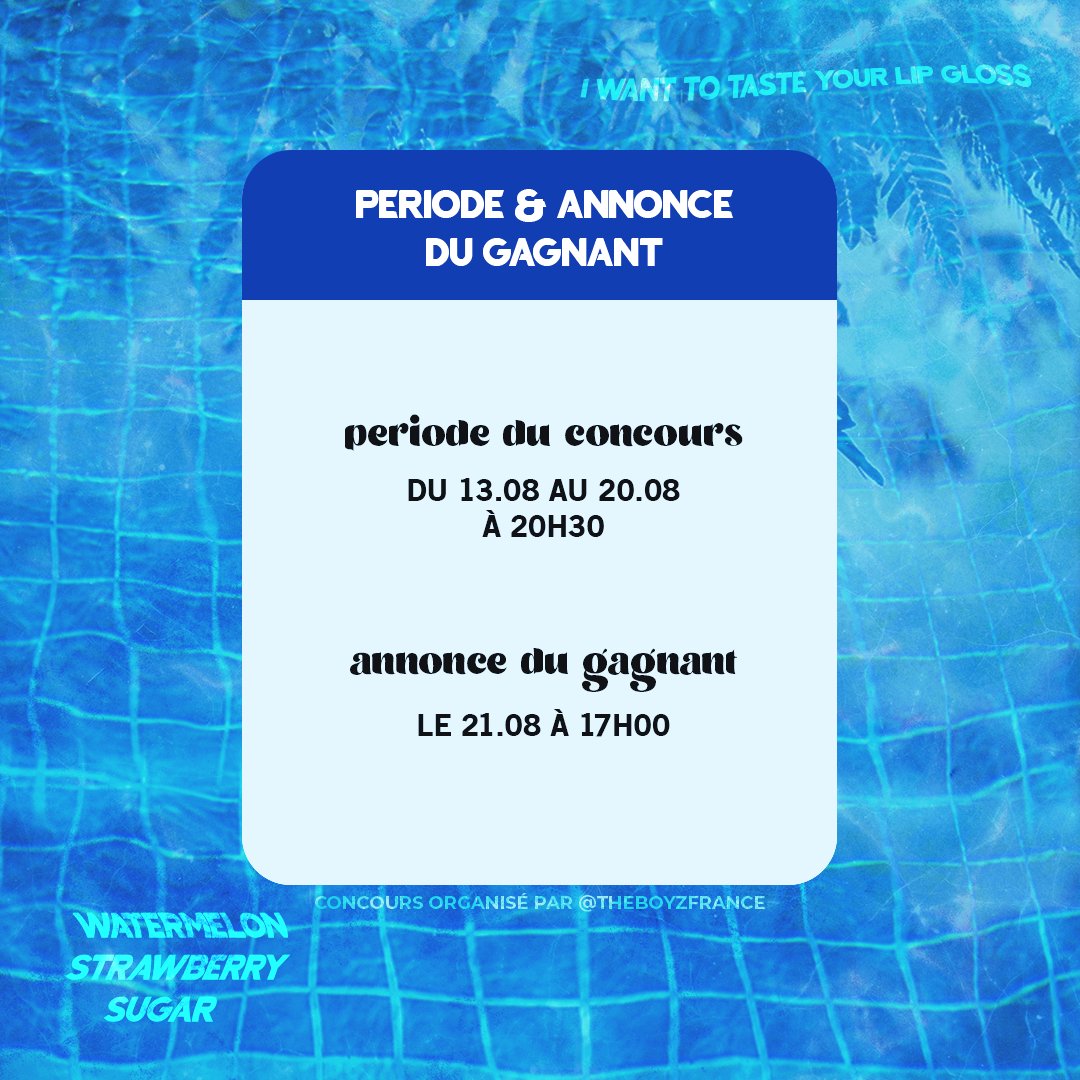 TheBoyzFrance's tweet photo. ✨️ REMPORTEZ [PHANTASY] PT.1 🎁

On organise un concours pour vous THE Bs 😘

• Suivez la fanbase
• RT & ❤️ le post
• Streamez LIP GLOSS sur YouTube
• Tweetez avec #THEBOYZ_LIPGLOSS & #ConcoursTHEBOYZFrance

🗓 Du 13 au 20 août à 20h30 (🇨🇵)
📍 Ouvert aux THE Bs francophones vivants en Europe et disposant d'un Mondial Relay près de chez eux.
📮 Envoi du gain à partir de début septembre.

Bonne chance à tous 🥰