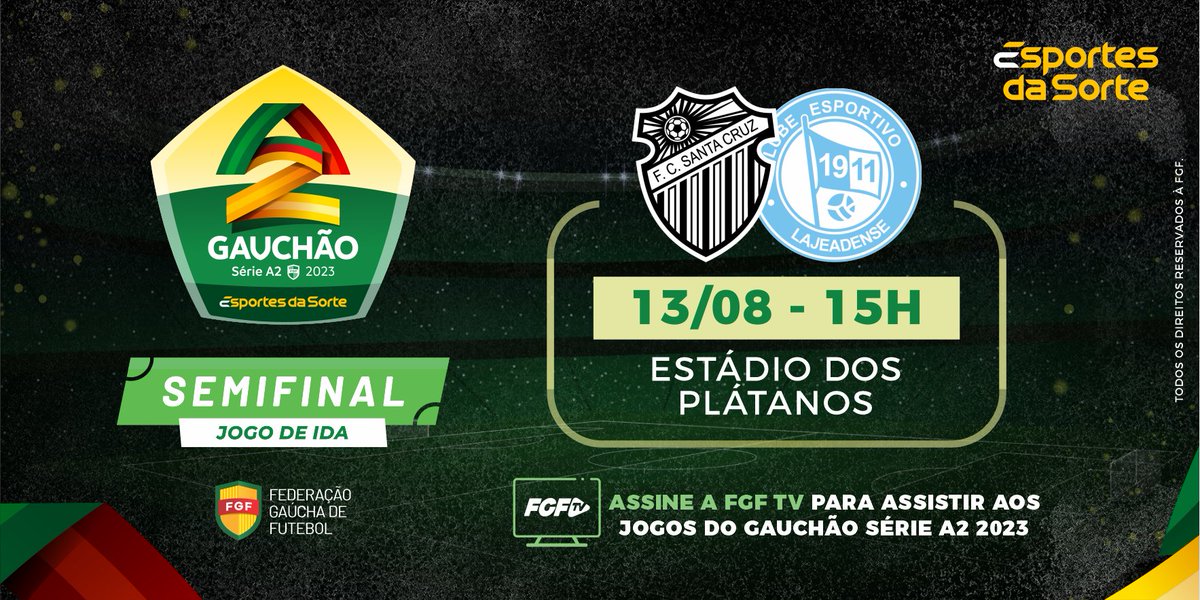 ⚽ O <a href="/fcsantacruz1913/">FC Santa Cruzᶠᶜˢᶜ</a> recebe o <a href="/Lajeadense1911/">C.E. Lajeadense OFICIAL</a> neste domingo, às 15h, pelo jogo de volta das semifinais do Gauchão Série A2 - Esportes da Sorte.

💻 Assista na FGF TV: fgftv.com.br/gauchao-serie-…

#FGF #FutebolGaúcho #GauchãoSérieA2