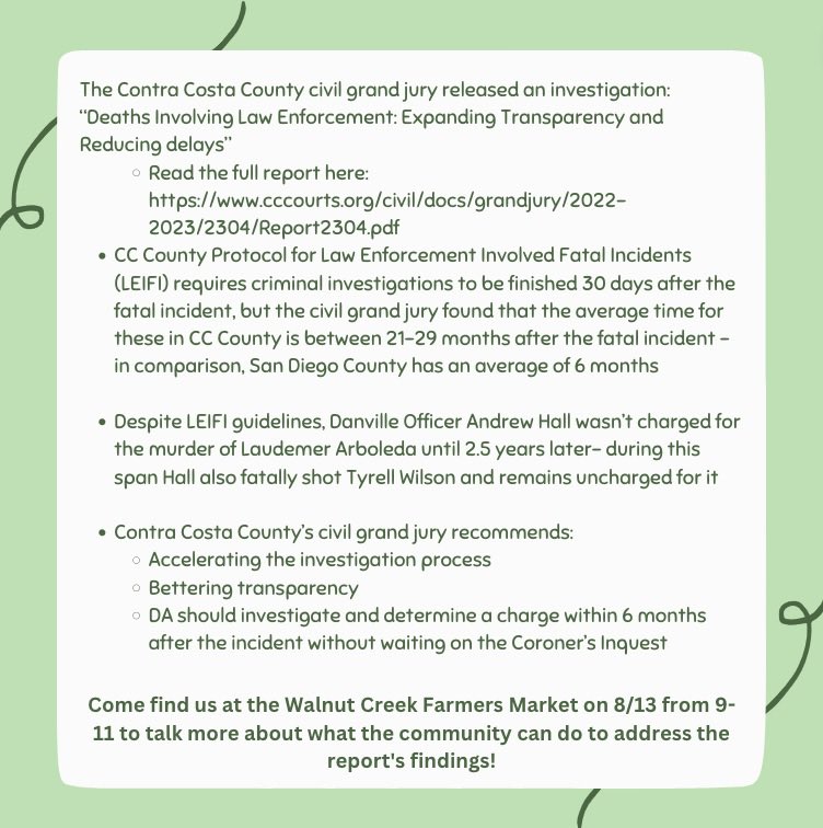 Conscious__Coco's tweet photo. Come out to the Walnut Creek farmers market this morning to talk with us about the CC County civil grand jury investigation into the sheriff’s dept! #justicefortyrellwilson #justiceforlaudemerarboleda https://t.co/3hmrXymYvJ