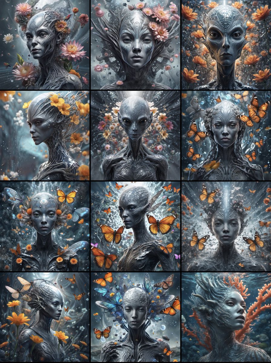 VennieKocsis's tweet photo. While I am writing my current book, I’ve been using traits of some of the beings, and a whole lot of detailed promoting, to create images and make them tangible to my eyes. These are my top twelve favorite art pieces.🦋
#scifiX #alienX #hetlauX #hetX #nhiX #AIartX #AIart #art #writing