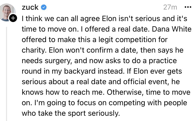 jedigoodman's tweet photo. Zuck responds to Musk. https://t.co/mfv9dPx1X4