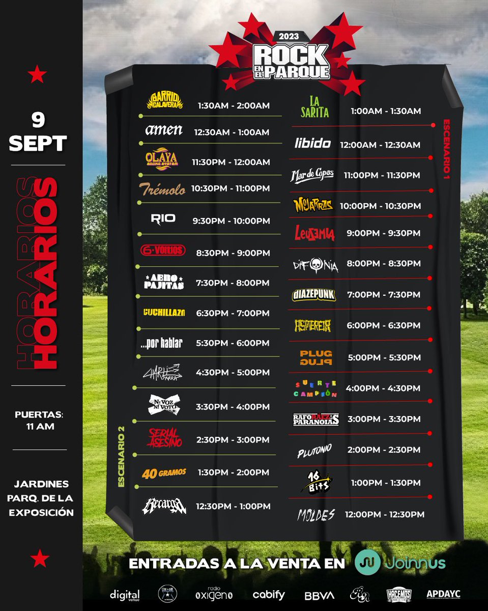 Salieron los horarios del #RockEnElParque y se reveló a <a href="/difonia/">Difonia Peru</a> como la banda 28.

¿Qué les parece?