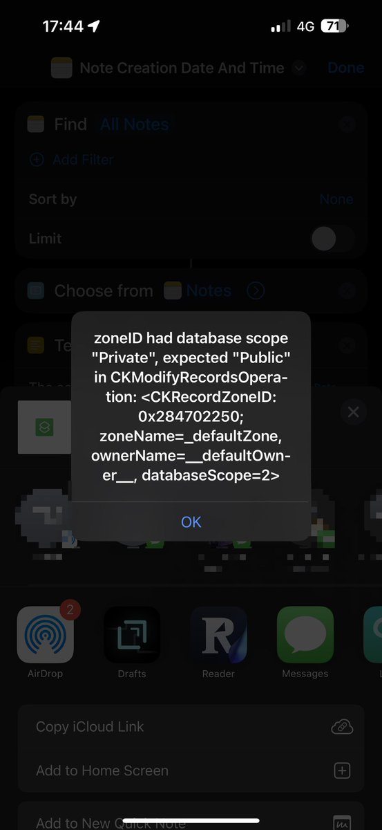 sylumer's tweet photo. @jorjorward @mattcassinelli @RosemaryOrchard @dayoneapp I'm not active onthis platform any longer, but you can find me elsewhere if you look and have more Qs.
There also looks to be yet another share error at the moment when trying to share a shortcut, but you want the creation date of the note to pass to Day One - see screenshots. https://t.co/2cu5DqtfbN