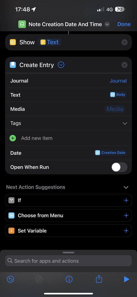 sylumer's tweet photo. @jorjorward @mattcassinelli @RosemaryOrchard @dayoneapp I'm not active onthis platform any longer, but you can find me elsewhere if you look and have more Qs.
There also looks to be yet another share error at the moment when trying to share a shortcut, but you want the creation date of the note to pass to Day One - see screenshots. https://t.co/2cu5DqtfbN