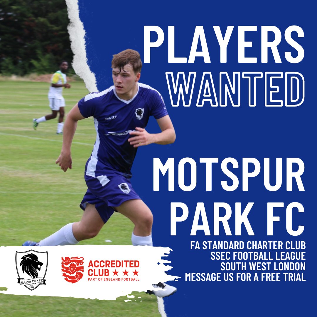 PLAYERS WANTED

Motspur Park FC are still looking for new players to join our First and Second Teams, playing in the SSEC Football League. 

Message us on social media for more information, or find us on <a href="/matchark_uk/">Matchark: Find Players & Clubs</a> and <a href="/findaplayer/">Find A Player</a>

#MotspurPark #Merton #Morden #SouthLondon