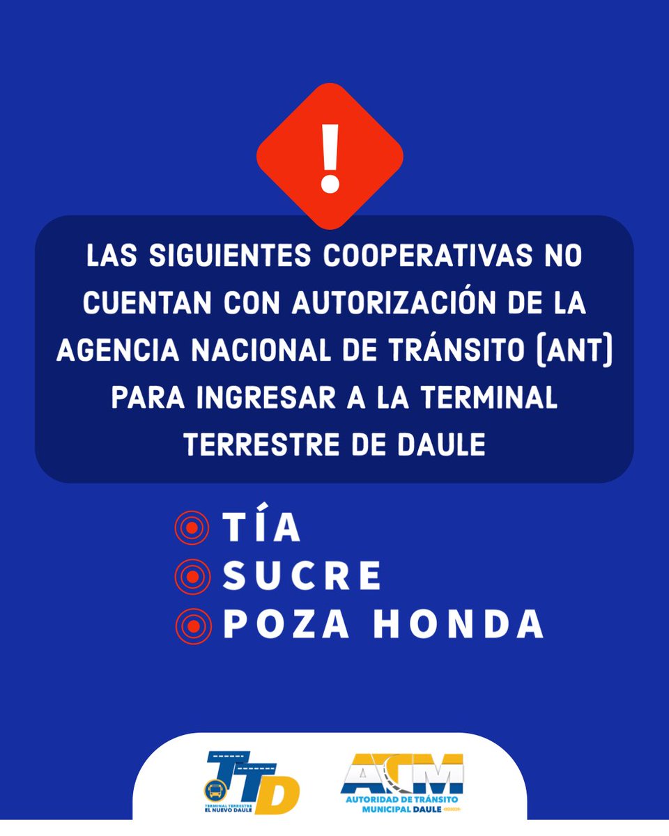 TerminalDeDaule's tweet photo. ¡Ponte pilas #Daule! Estas son las cooperativas de buses que ya cuentan con boleterías dentro de la Terminal Terrestre de Daule. 

@atm_daule #JuntosNosTransformamos https://t.co/7GXyuro8bv
