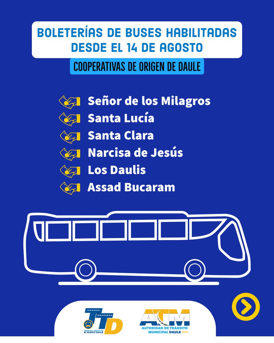 TerminalDeDaule's tweet photo. ¡Ponte pilas #Daule! Estas son las cooperativas de buses que ya cuentan con boleterías dentro de la Terminal Terrestre de Daule. 

@atm_daule #JuntosNosTransformamos https://t.co/7GXyuro8bv