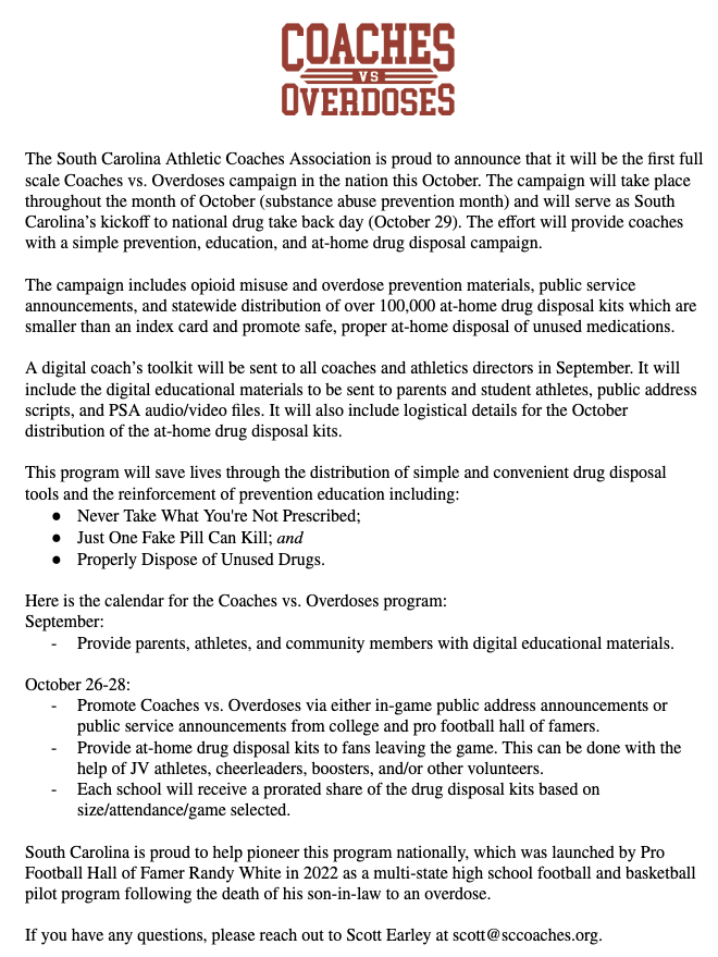 CarolinaCoaches's tweet photo. The SCACA is proud to announce that it will be the 1st full scale Coaches vs. Overdoses campaign in the nation this Oct. The campaign will take place throughout the month of Oct and will serve as SC’s kickoff to national drug take back day (Oct 29). Deadline to register is Aug 15 https://t.co/q0NDq6ZDoj