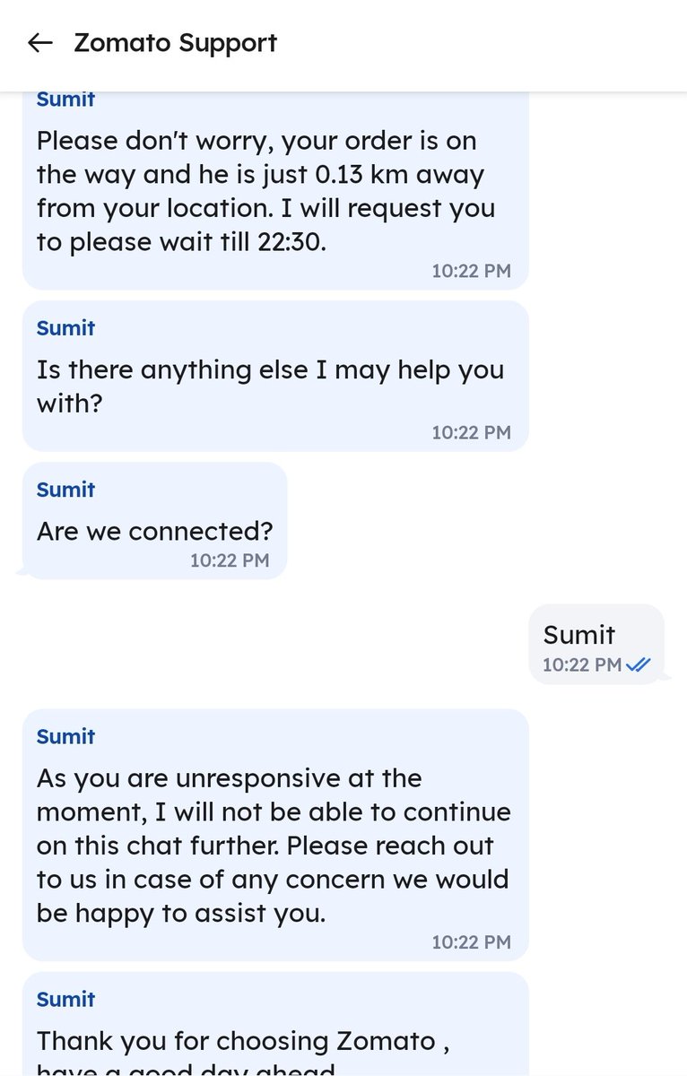 Sarat_Chimp's tweet photo. @zomatocare so tell me what part of this interaction was difficult to understand? The messages were spammed one after another, the response was given and read and he didn't even wait or respond just closed it off. I am sorry but if this is the standard being followed, excellent https://t.co/QjOMc49d0N