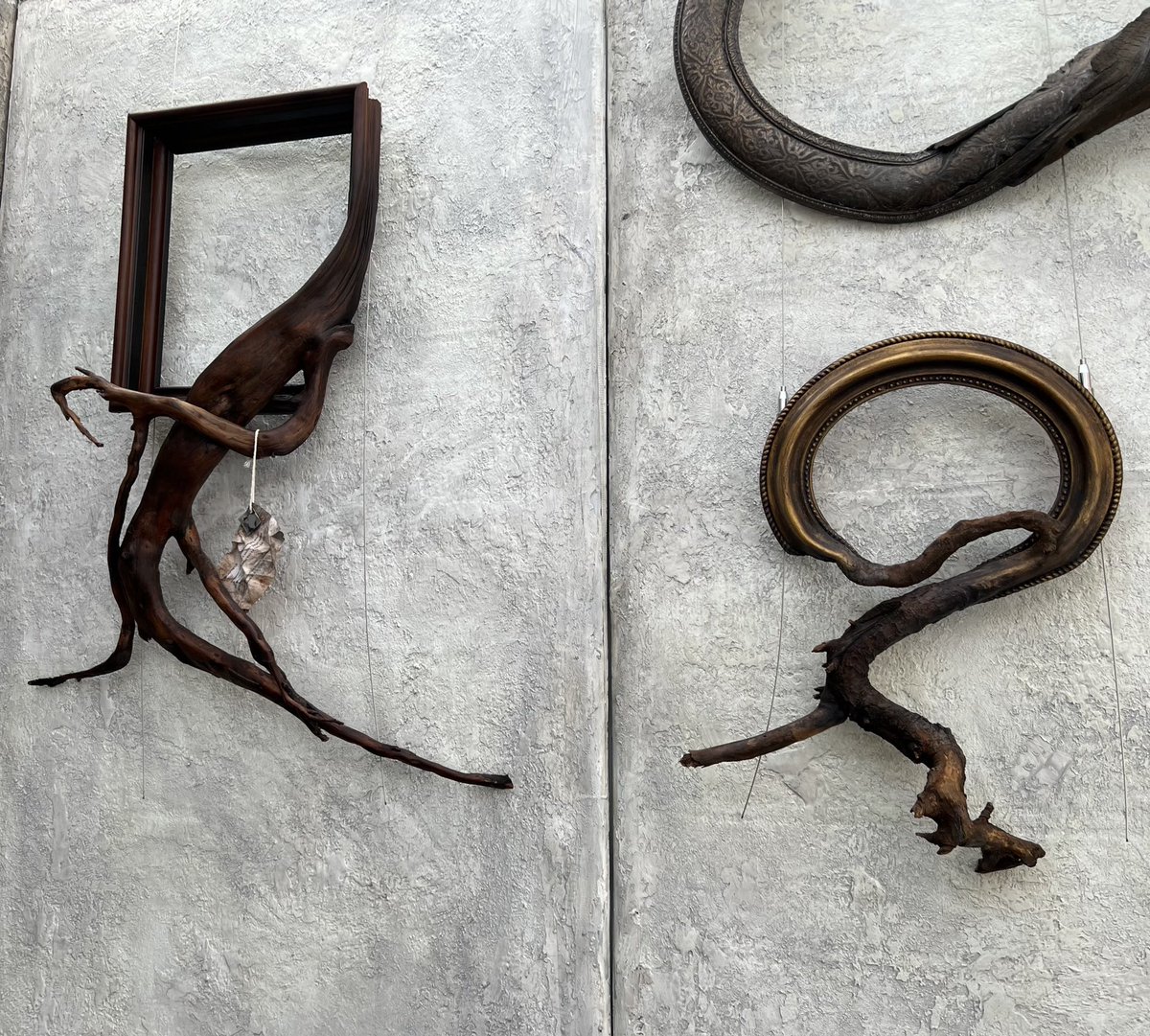 fusionframesnw's tweet photo. I accidentally found this pairing while setting up for Park City Arts Festival. 
I’m really liking the balance and movement between these two — Morpheus and Lexus. #fusionframe #art  #wood #frame #branch https://t.co/7S0w038ieT