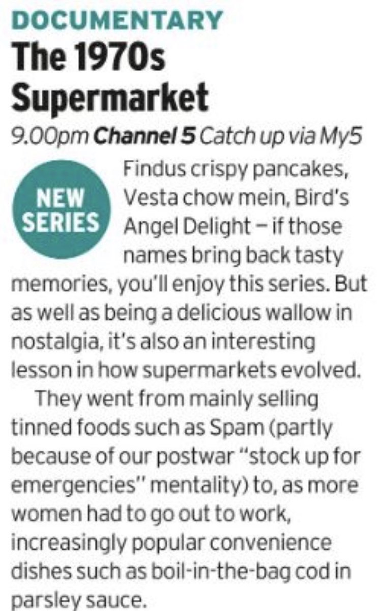 olliecwright's tweet photo. THE 1970s SUPERMARKET 
C5 9pm Weds Aug 16 : Picks of the Day galore &amp;  Sunday Times Critics Choice ‘the ultimate food fuelled nostalgia trip’ ‘an interesting lesson in how supermarkets evolved’ ‘a delicious wallow in nostalgia’ @Channel5Press @ObjectiveMediaG @channel5_tv https://t.co/FuxI0sfBTJ