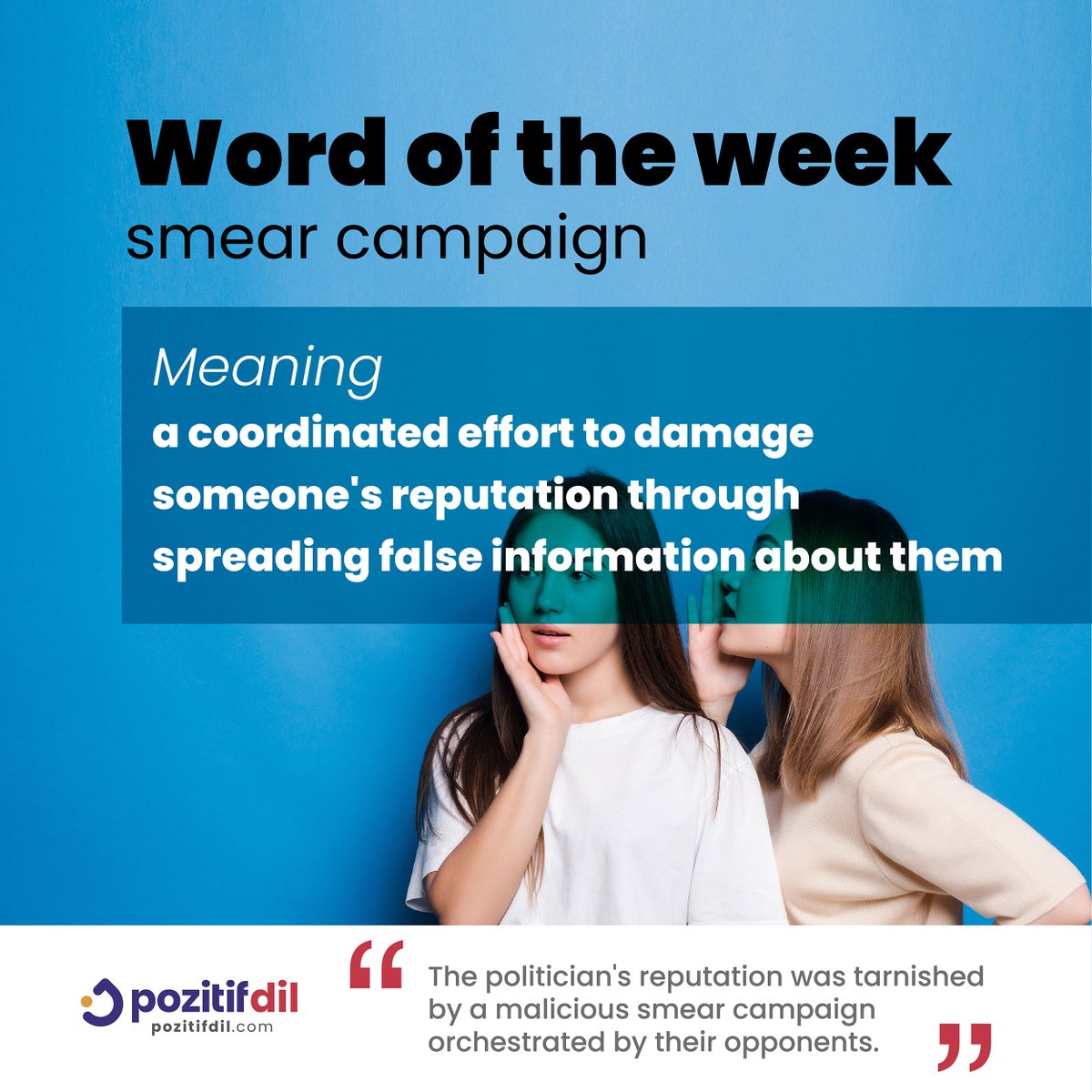 Merhaba dostlar!✋

Bu haftanın kelimesi: 'Smear Campaign.' Bu ifade, genellikle itibarı zedelemek veya yanıltıcı bilgilerle birini hedef almak amacıyla yapılan manipülatif bir kampanyayı ifade eder. 

#learnenglish #ingilizce #kelimehaftası #dilgüzelliği#pozitifdil